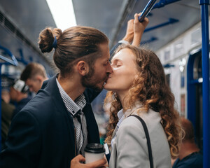 happy kissing couple standing on a subway train.