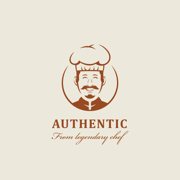 legendary chef kitchen mascot with warm friendly smiles and mustache logo icon character cartoon in vintage style