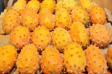 fresh cucumis metuliferus on the stall for sale