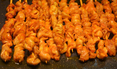 group of fresh baked kebab on the frying pan in the night market