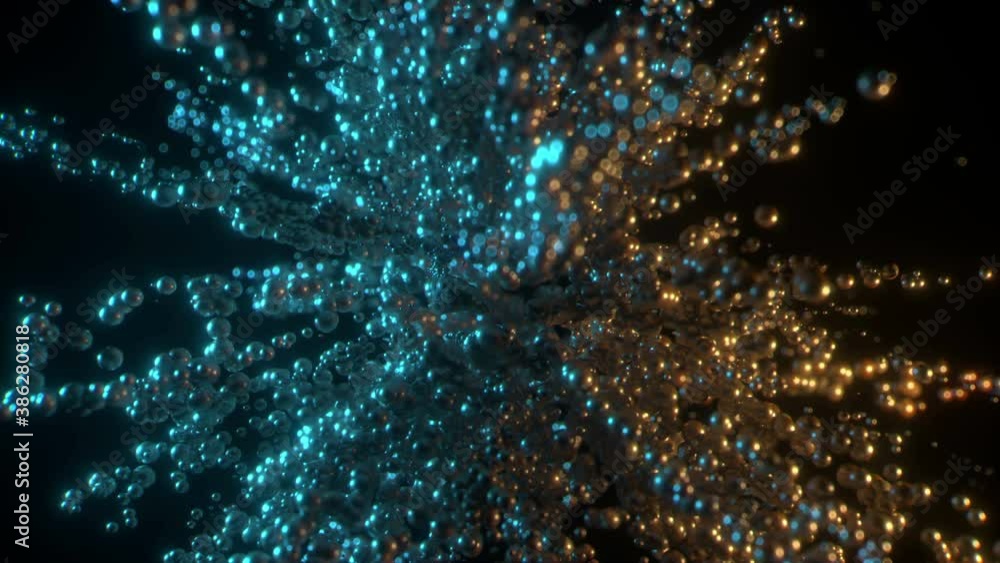 Poster abstract background. liquid explosion. blue and gold light. bokeh lights. defocused particles. explo