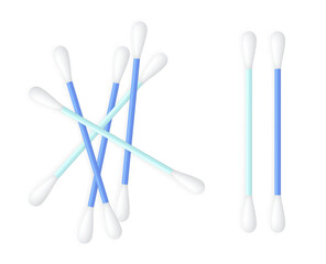 Realistic cotton buds pile. Blue ear sticks. Vector illustration.
