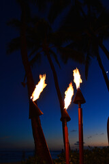 Tiki Torches light up at dusk along Waikiki Beach