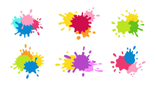 Collection paint splash colorful shape. Round ink flat splatter, decorative shapes liquids. Grunge splashes, drops, spatters cartoon style. Holi spring festival set. Isolated vector illustration