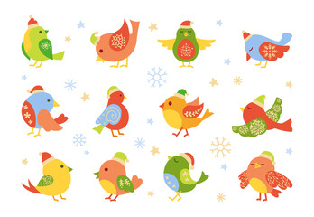 Christmas bird cartoon set. Winter, new year birds with santa hats, different poses, flying. Hand drawn flat abstract xmas icon. Modern trendy vector illustration