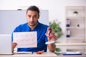 Young male doctor teacher cardiologist in front of whiteboard