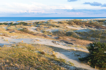 View of sand dunes of Curonian Spit, Kurshskaya Kosa National Park, Curonian Lagoon and the Baltic...