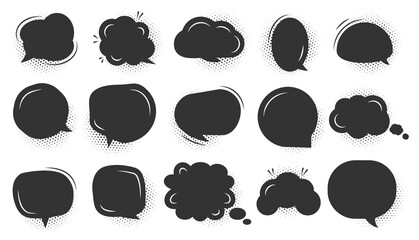 Comic speech bubble black set. Glyph empty text banner different shape with halftone dot shadow. Icon blank bubbles. Comics graphic balloon template for design message Isolated vector illustration