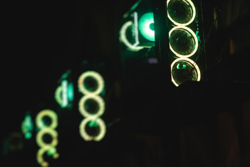 View of Gaming PC with rgb led lights, powerful high end personal computer, assembled with hardware components, at home or in cybersport arena