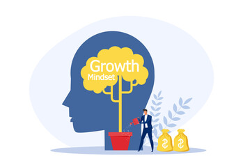 Businessman Watering plant on silhouette head  growth mindset concept vector illustration.