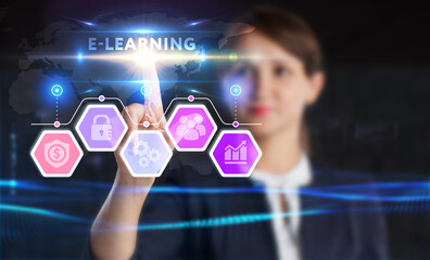 Business, technology, internet and network concept. Young businessman thinks over the steps for successful growth: E-learning