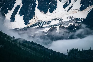 Fotobehang Bleak dramatic view to giant snowy mountain wall among low clouds at dark evening. Gloomy alpine landscape with big snowy rocks in dense fog. Atmospheric foggy scenery with huge glacier behind forest. © Daniil