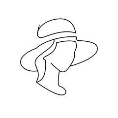 simple woman wearing a bucket hat fedora hat line outline vector illustration design isolated white background