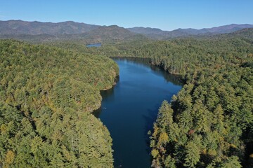 Fototapeta na wymiar Aerial view of Lake Santeetlah, North Carolina and surrounding national forests in autumn color.