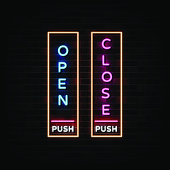 Open and close neon sign vector. Design template neon sign