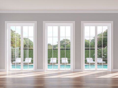 Empty classical style with swimming pool background 3d render, The room has wood floor gray wall and white door overlooking the pool terrace and nature view.