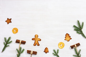 Baked Christmas ginger biscuits, traditional shape star, christmas tree, snowman, xmas sweet food background. Handmade cookies