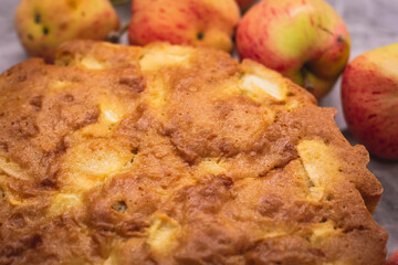 View of Sharlotka cake - traditional seasonal russian apple homemade baked sponge pie
