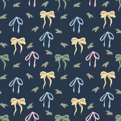 Winter holidays theme seamless vector pattern with ribbon and holly leaves 