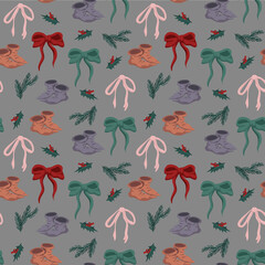 Vector seamless pattern with ribbons fir tree branches holly leaves and elf shoes