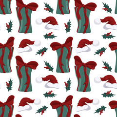 Christmas pattern with santa's hat and gifts and holly leaves vector illustration