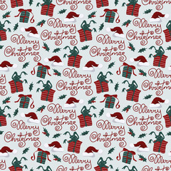 Cute seamless christmas pattern with santas's hat, giftboxes and lettering merry christmas vector