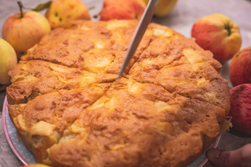 View of Sharlotka cake - traditional seasonal russian apple homemade baked sponge pie