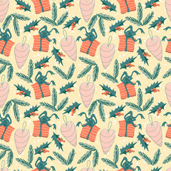 Cute seamless pattern christmas theme with gifts, holly leaves, toys, and christmas tree branch vector