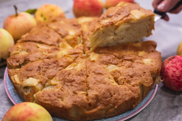 View of Sharlotka cake - traditional seasonal russian apple homemade baked sponge pie