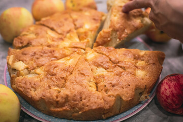 View of Sharlotka cake - traditional seasonal russian apple homemade baked sponge pie