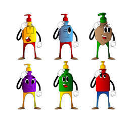 Cartoon bottle of hand sanitizer gel for hygiene  with face placing hand on head.