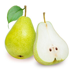 Fresh pears isolated on white background, Red pear with cut piece on a white with clipping path 