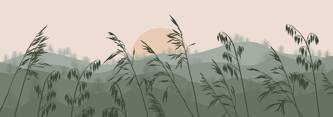 Dark silhouettes of grass, field plants, against a landscape with hills. Vector illustration with silhouettes of ears. For banners, posters, covers and social media posts, postcards, etc.