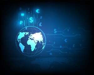 Fototapeta na wymiar Global currency exchange icon with abstract high speed network on blue background