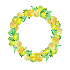 Branches with yellow lemons  are collected in a wreath