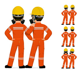 Two industrial worker standing together on white background