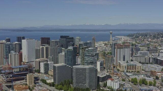 Seattle Washington Aerial v129 birdseye shot of South Lake Union neighborhood and Elliot Bay - June 2020