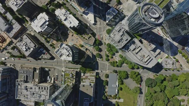 Seattle Washington Aerial v131 dolly out down shot of Denny Way street, South Lake Union buildings and park - June 2020