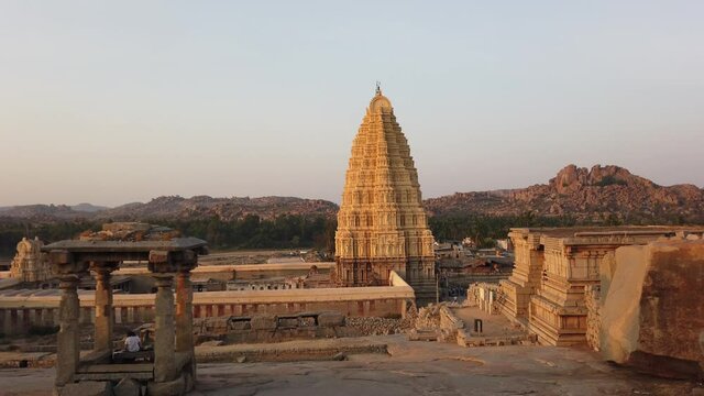 Wide Shot of Virupaksha Temple at Sunset at Hampi, Karnataka, India