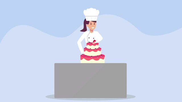 Female baker decorating a cake with cream