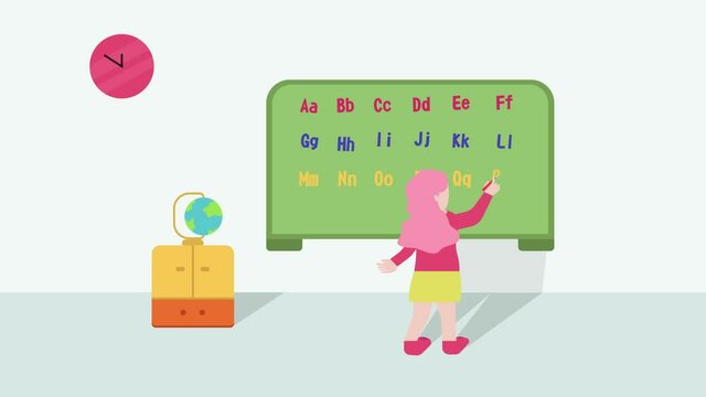 Female teacher writing the alphabet on chalkboard