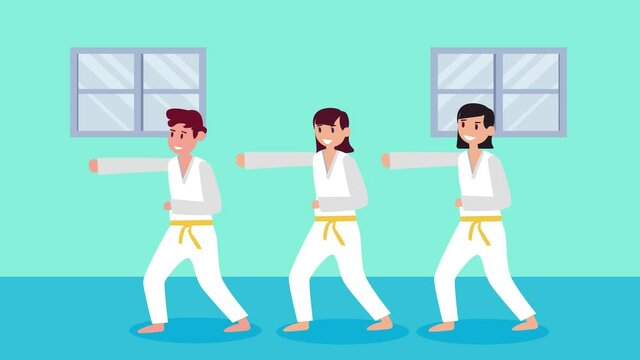 Group of three kids practicing in the karate class