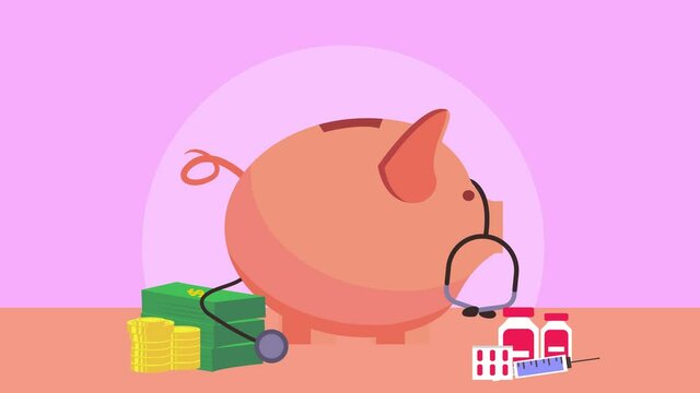 Hand puts money in piggy bank with a stethoscope