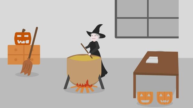 Happy female witch cooking sorcery potion at home
