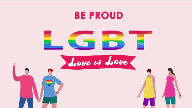 Lesbian and gay couple with text of be proud LGBT