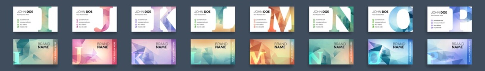 Vector modern business card design template bundle set with colorful polygonal background and letter design element. Best corporate style layout
