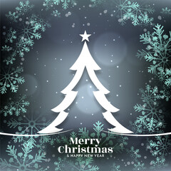 Glossy snowflakes Merry Christmas bright background with tree