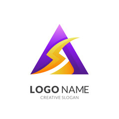 letter A thunder logo, letter A and thunder, combination logo with 3d purple and yellow color style