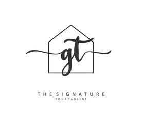 G T GT Initial letter handwriting and signature logo. A concept handwriting initial logo with template element.
