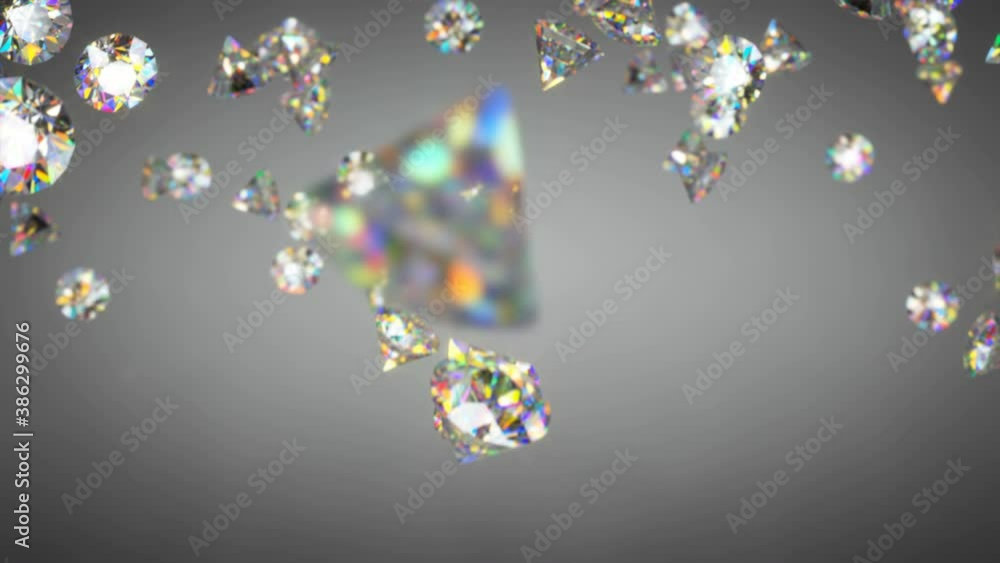 Poster colorful shining brilliant diamonds are falling. 3d render seamless loop animation